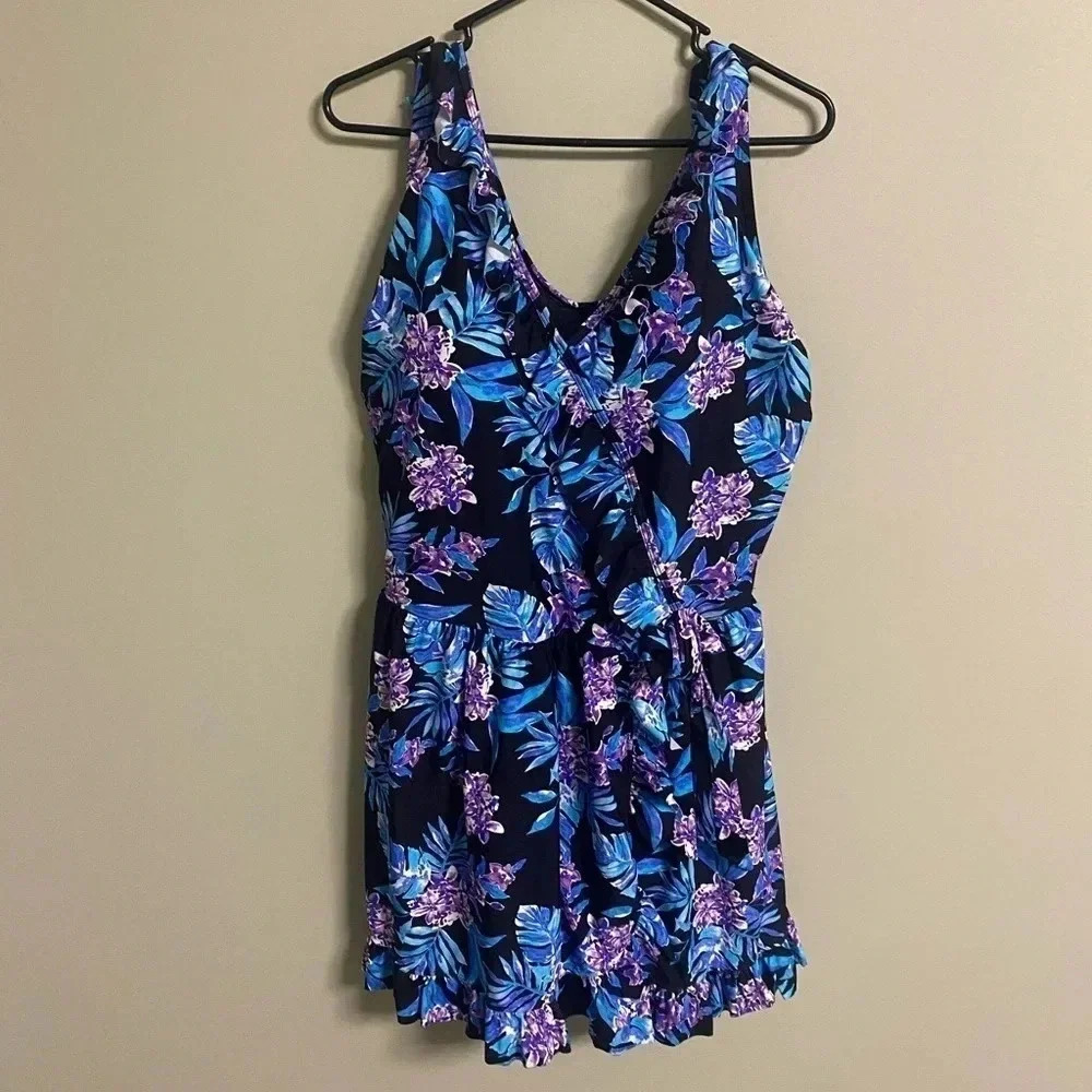 Swimsuits For All Faux Wrap Swim Dress One Piece Swimsuit Floral Size 22 NWT New